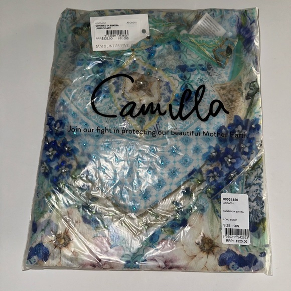Camilla “Sunrise in Sintra” blue green silk floral scarf wrap top belt headwrap - Picture 3 of 4